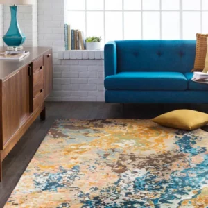 colorful patterned area rug in living room | Coleman's Flooring & Blinds