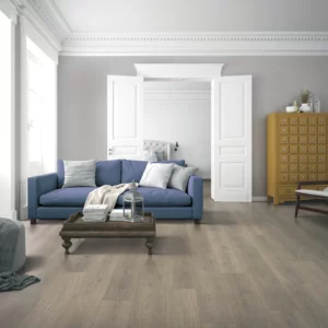 Gray laminate flooring in living room | Coleman's Flooring & Blinds